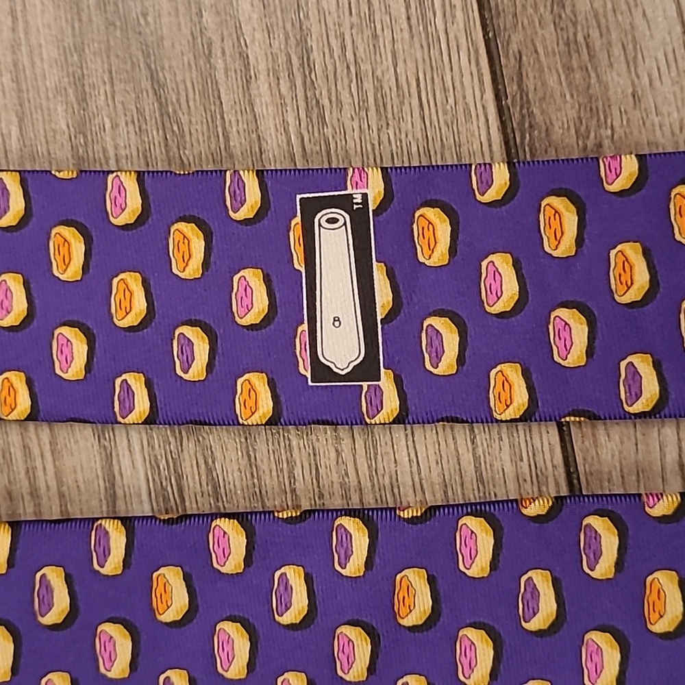 SINE DIE Purple Blue Whimsical Jelly Pastries Pattern Mens Silk Tie - Picture 3 of 6